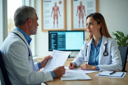 M&eacute;decin en consultation avec une femme dans un cabinet m&eacute;dical