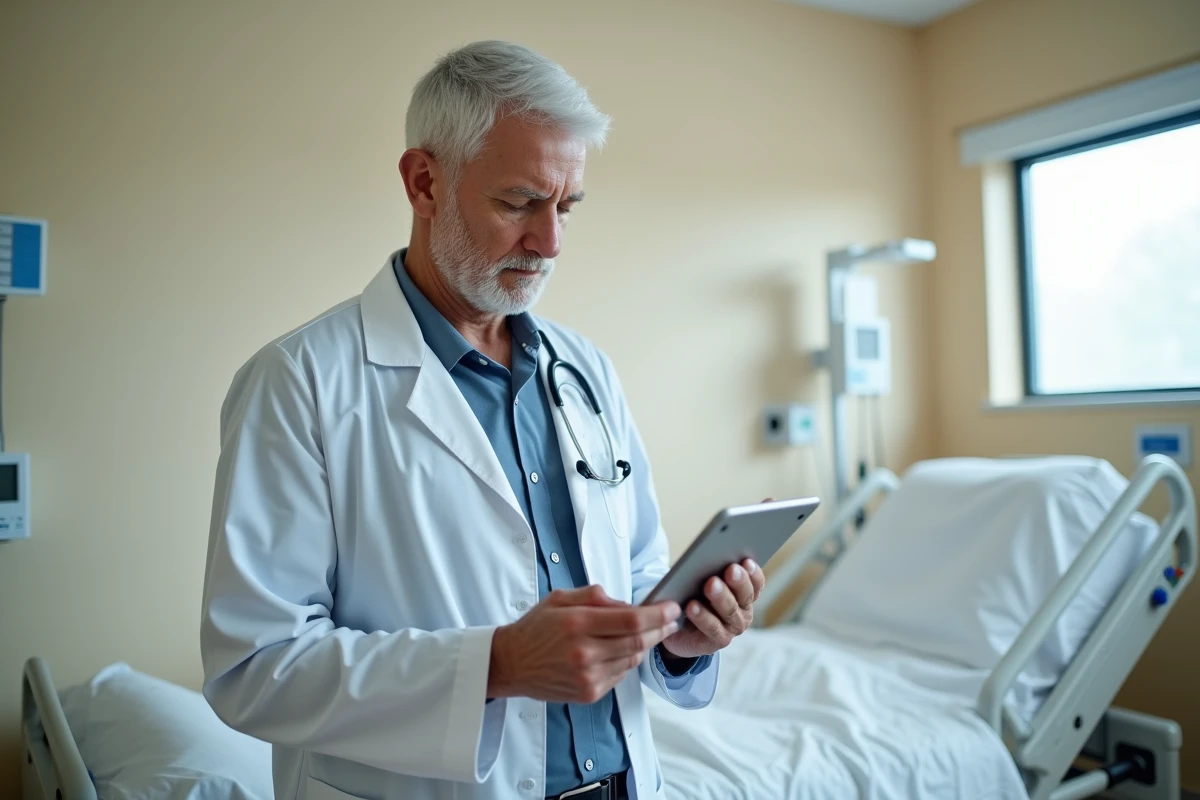 Médecin consultant un guide d'évaluation clinique des escarres sur une tablette médicale en service de rééducation