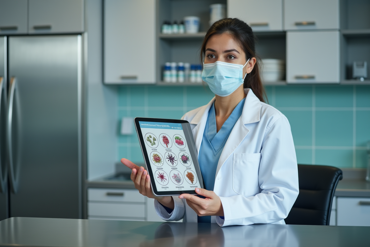 Medecin en blouse blanche expliquant symptomes infectieux