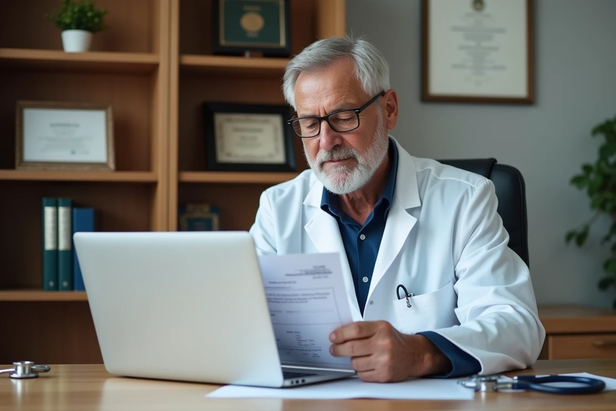 Médecin généraliste analysant un document de remboursement et de télétransmission sécurisée en cabinet