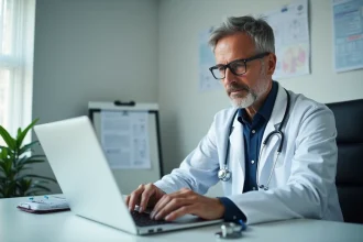 Médecin généraliste consultant des informations médicales sur ordinateur dans un cabinet de consultation moderne