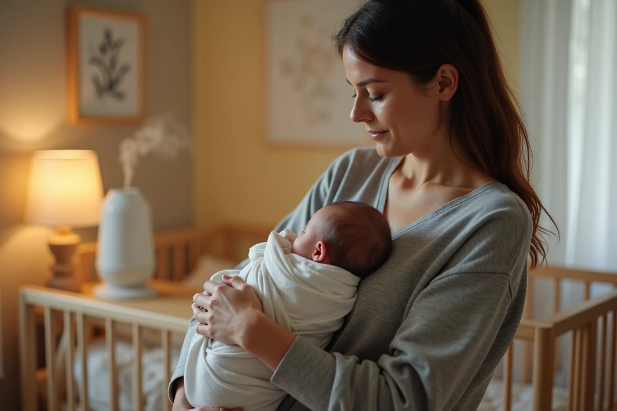 Mère tenant son bébé dans les bras la nuit pour calmer une toux, dans une chambre d'enfant apaisante