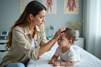 Mère inquiète avec son enfant chez le pédiatre pour une consultation médicale concernant des symptômes digestifs