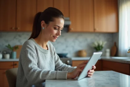 Mère consultant les résultats d'analyses médicales de son enfant sur une tablette dans la cuisine via Laboconnect