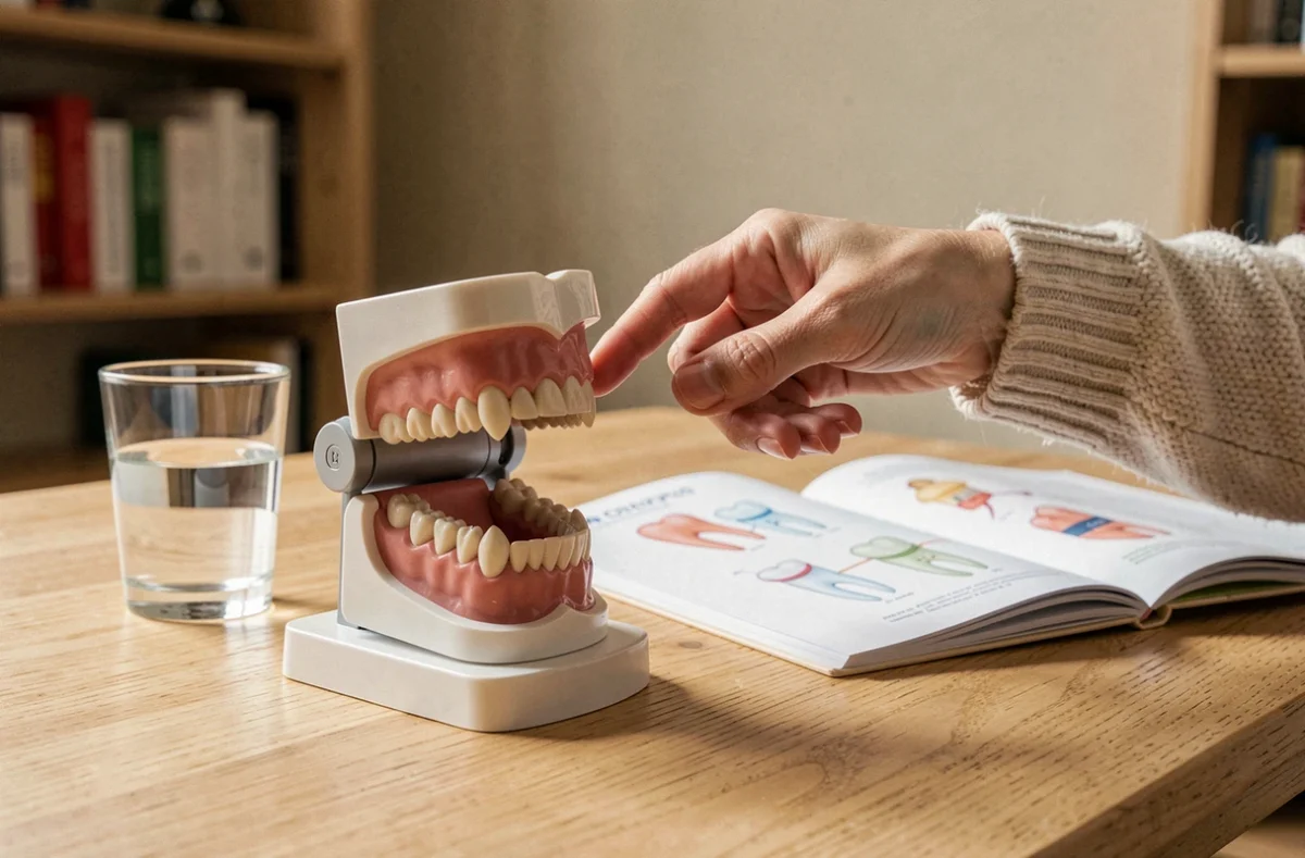 Modèle anatomique dentaire et brochure de santé bucco-dentaire sur un bureau, illustrant une dent qui pousse chez l'adulte