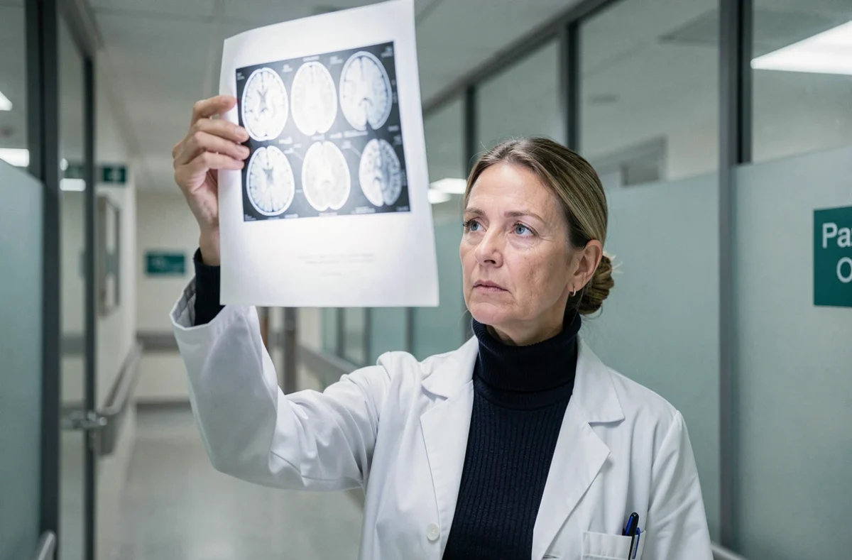 Neurologue femme de 50 ans examinant un scanner cérébral imprimé dans un couloir d'hôpital moderne, illustrant l'approche médicale des troubles neurologiques et psychosomatiques