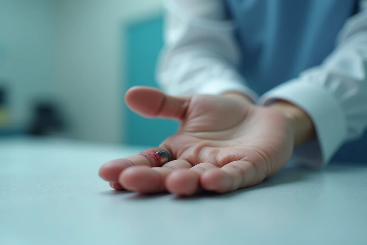 Gros plan d'un ongle traumatisé présentant un hématome sous-unguéal sur un fond médical