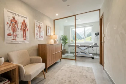 Salle d'attente d'un cabinet d'ostéopathie en Isère, avec mobilier en bois chaleureux et table de traitement visible