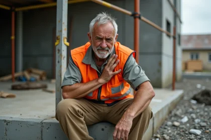 Ouvrier de chantier tenant son épaule douloureuse suite à une fissure du tendon supra épineux au travail