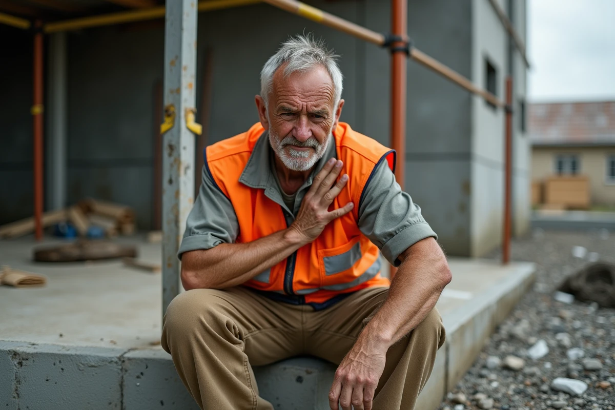Ouvrier de chantier tenant son épaule douloureuse suite à une fissure du tendon supra épineux au travail