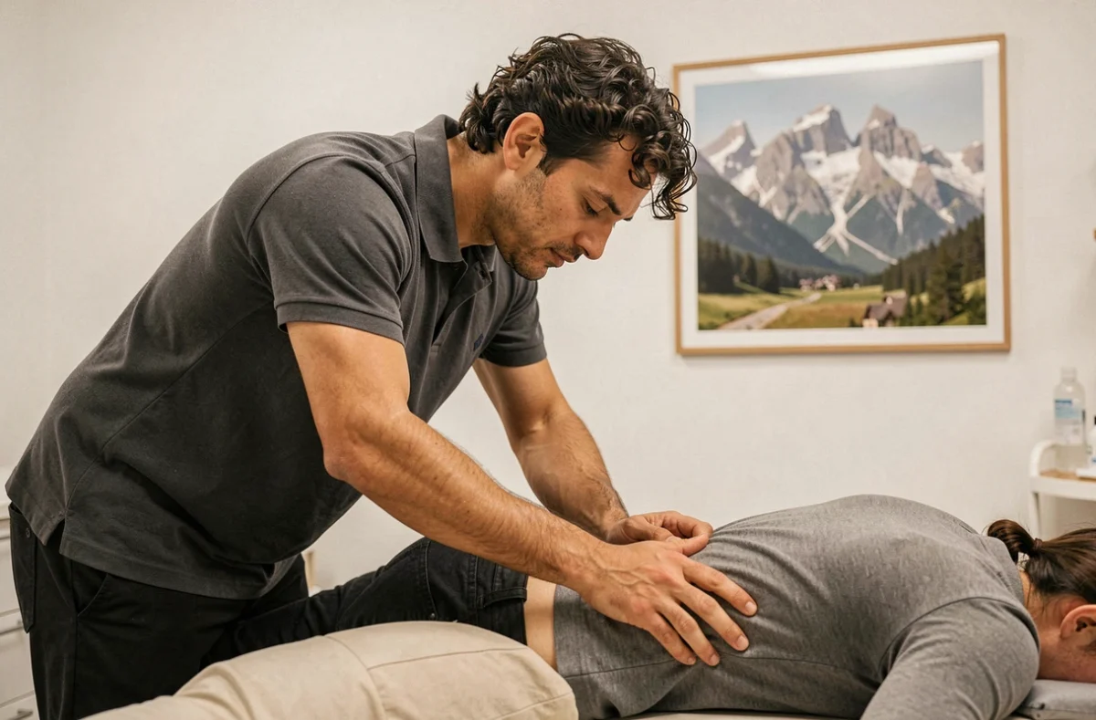 Panayiotis Blackburne, ostéopathe, réalisant une technique ostéopathique lombaire sur un patient en décubitus ventral