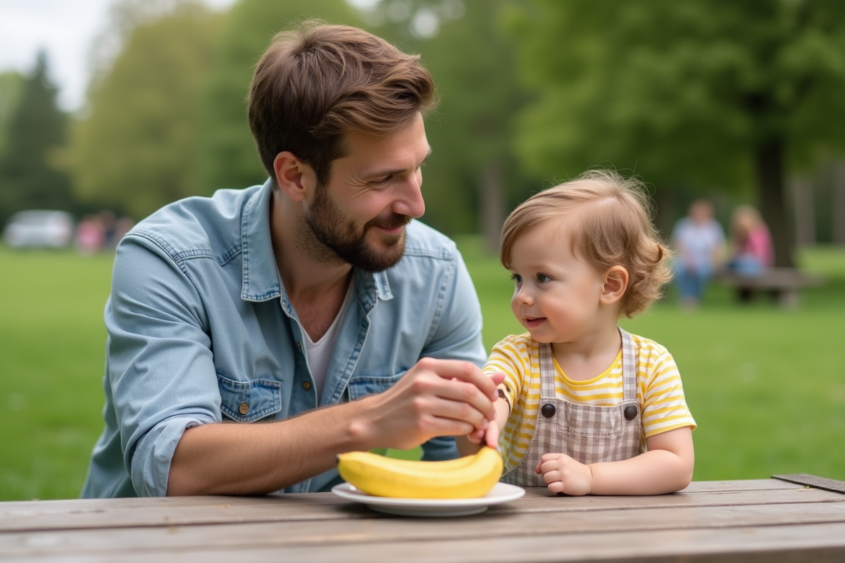 Pere limitant un enfant pour une banane au parc