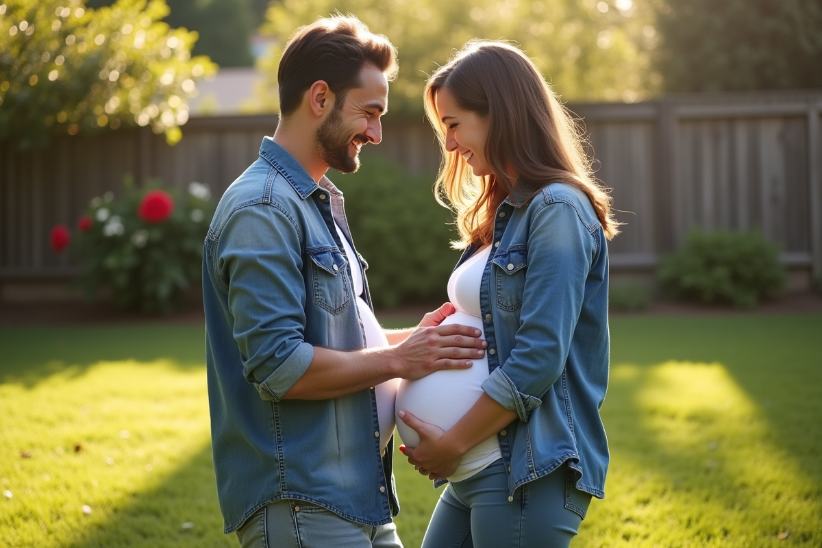 Pere heureux caressant le ventre de sa partenaire