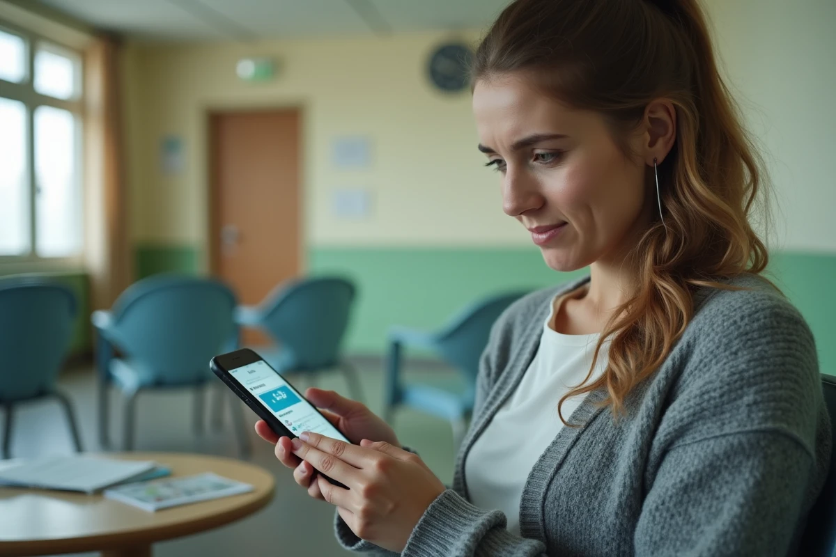Patiente consultant une application médicale sur smartphone dans une salle d'attente aux urgences