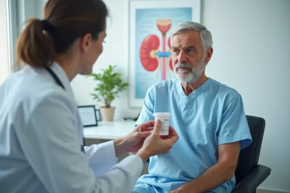 Patient remettant un échantillon d'urine à son médecin lors d'un bilan de microalbuminurie en cabinet médical