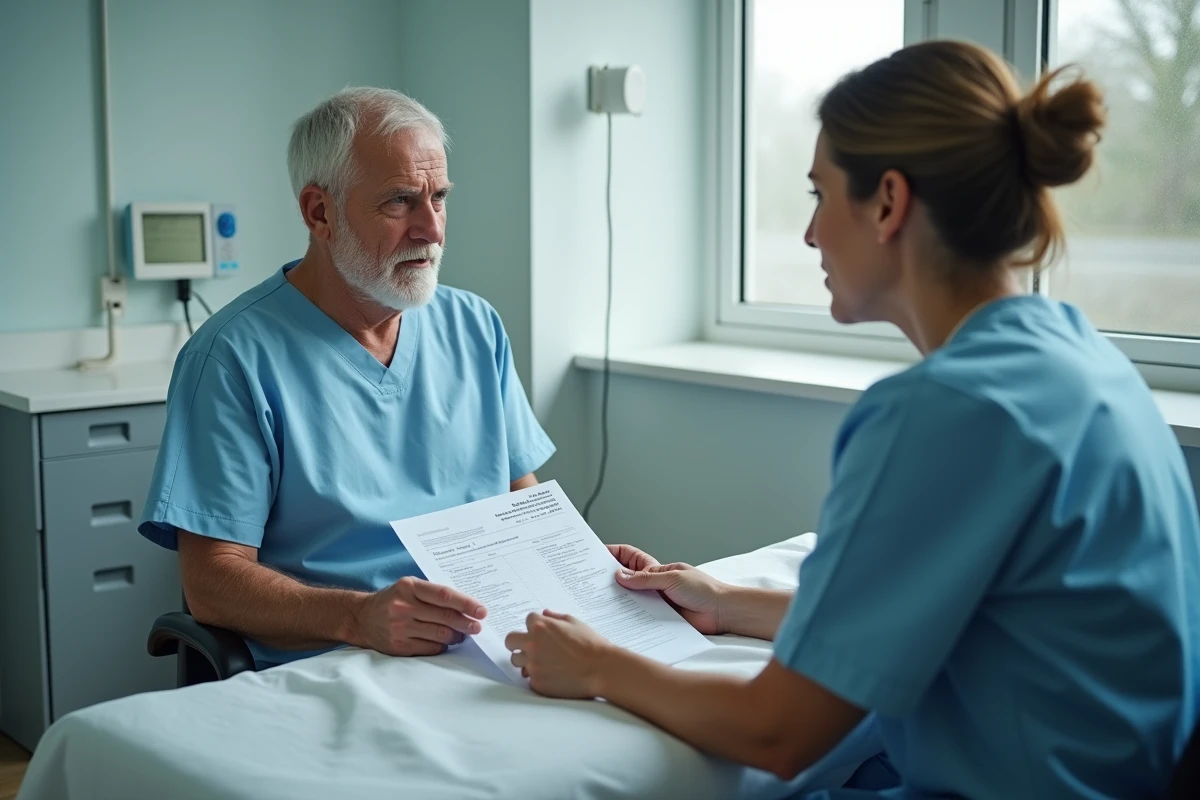 Patient en consultation médicale recevant les résultats d'un test de bilirubine directe conjuguée des mains d'une infirmière dans une salle d'examen