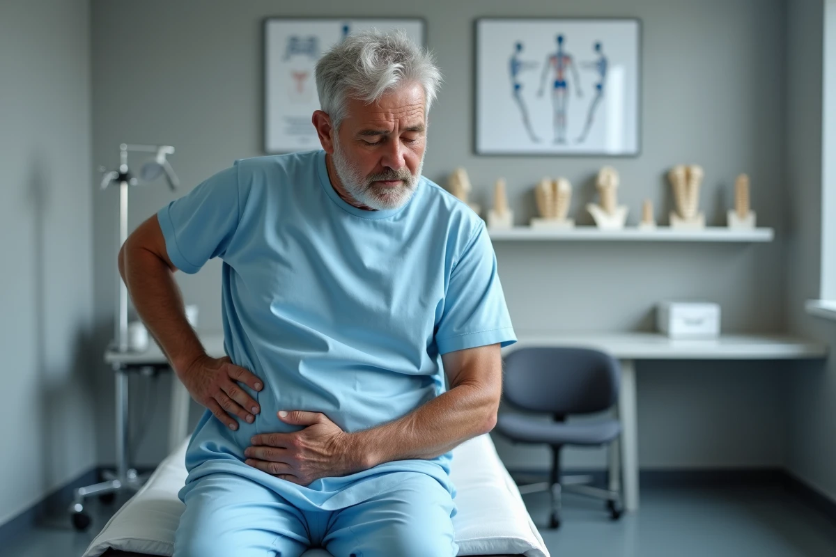 Patient souffrant de discopathie lors d'un examen médical, illustrant le parcours pour obtenir une rente ou pension d'invalidité