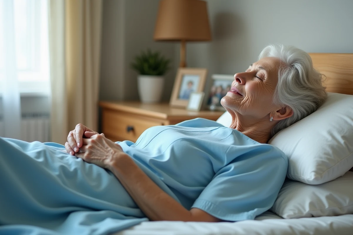 Femme âgée allongée dans un lit à domicile avec coussin