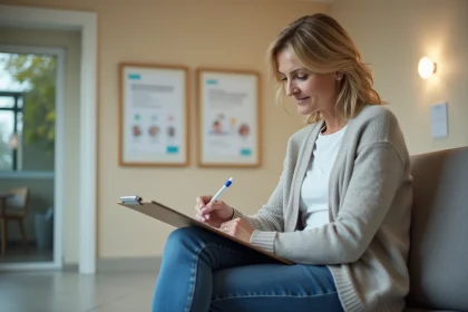 Femme d'âge moyen dans une salle d'attente de clinique en France