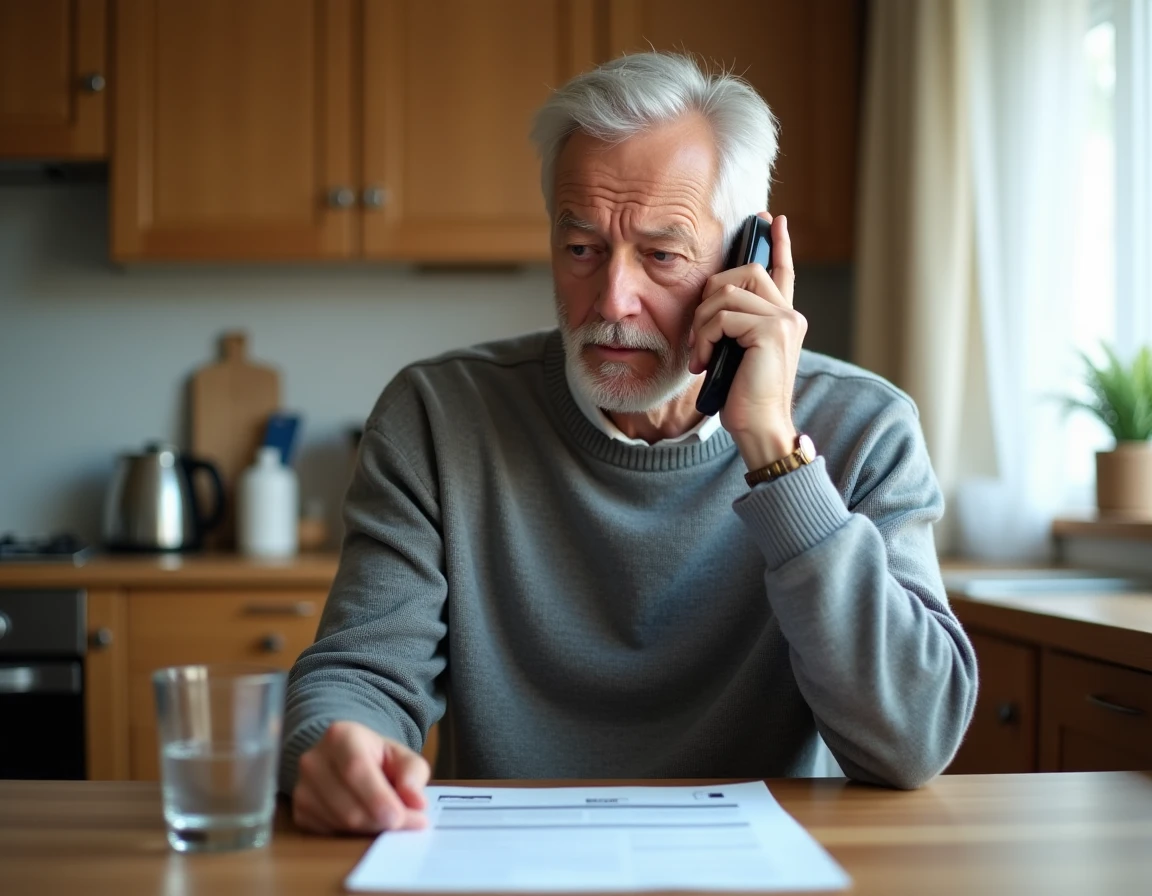 Homme senior à la maison au téléphone avec des documents médicaux sur la table, cherchant des conseils après une IRM en raison d'effets secondaires