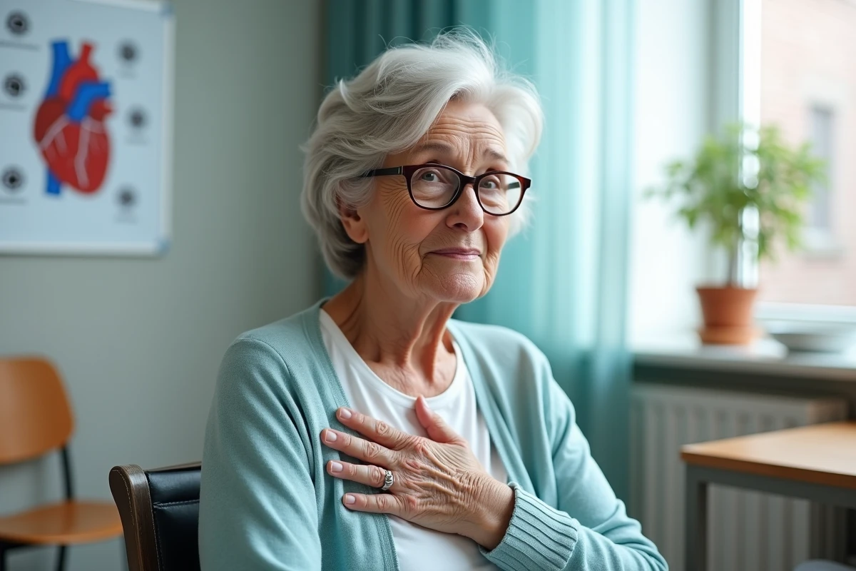 Femme âgée en consultation cardiologique touchant sa poitrine, représentant la vie quotidienne avec un stimulateur cardiaque