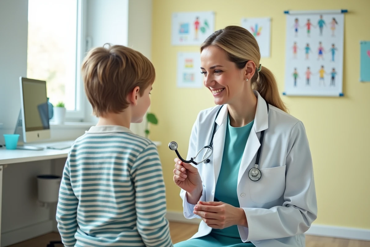 Pédiatre bienveillante examinant un jeune enfant lors d'une consultation médicale pour troubles digestifs et flatulences
