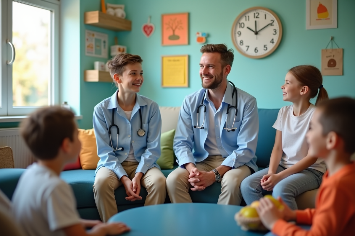 Pediatre jeune avec enfants dans une salle d