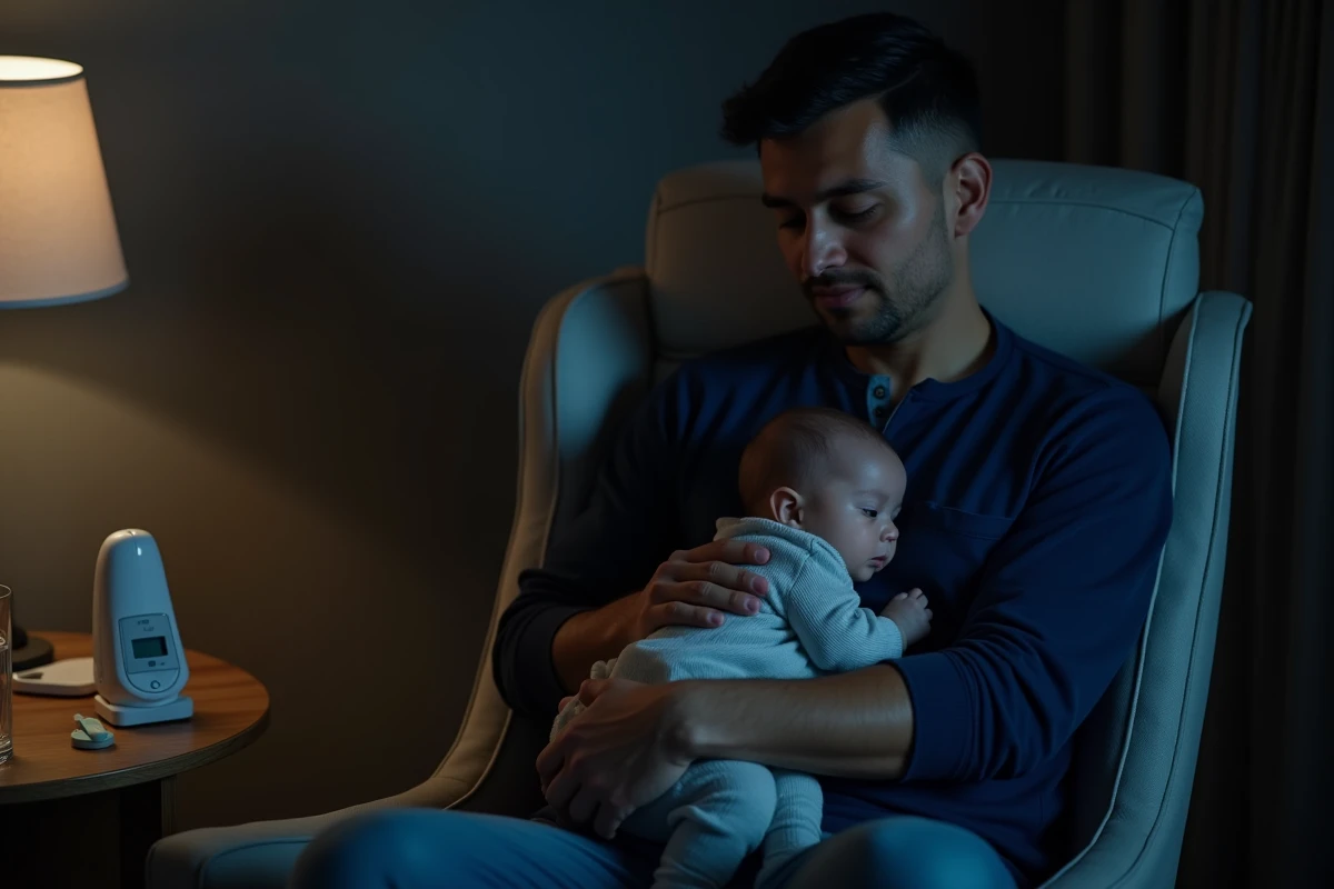 Père veillant son nourrisson en pleine nuit dans un fauteuil à bascule, bébé toussant dans ses bras