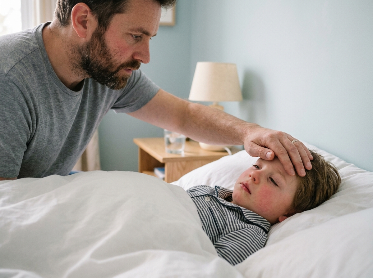Père inquiet posant la main sur le front de son enfant fiévreux allongé dans son lit