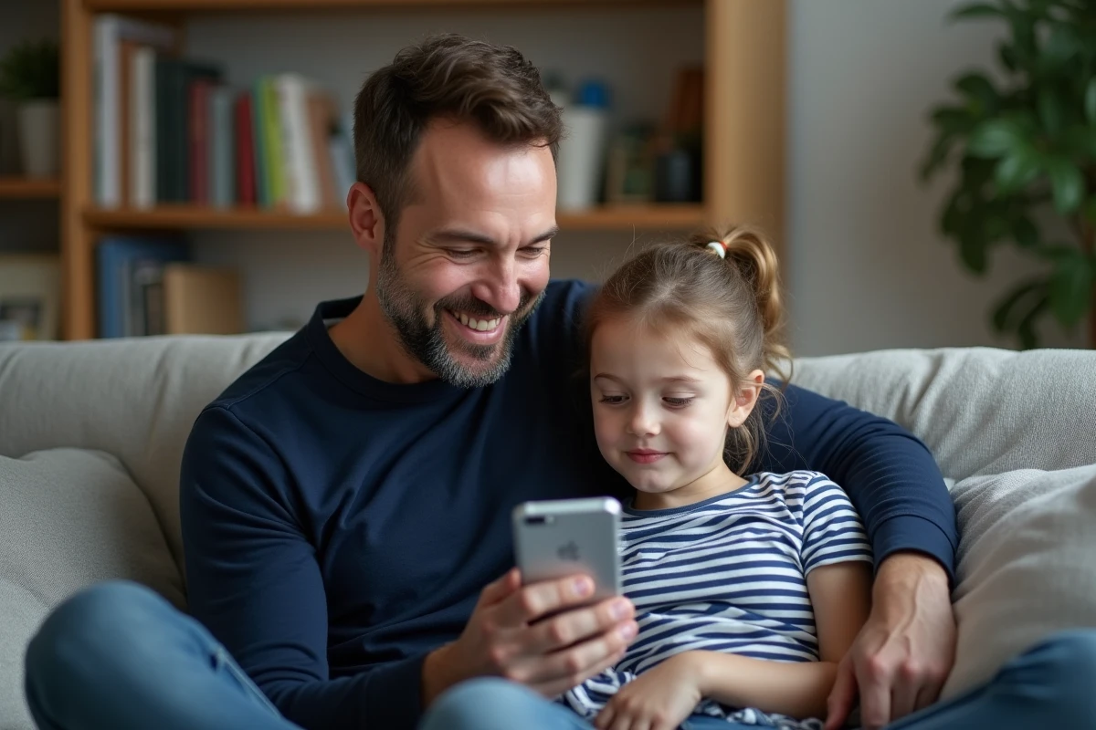 Père et fille consultant ensemble les résultats d'analyses biologiques sur smartphone via une application médicale