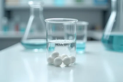 Perles de céramique immergées dans un bécher en verre avec dépôts calcaires visibles, cadre laboratoire scientifique