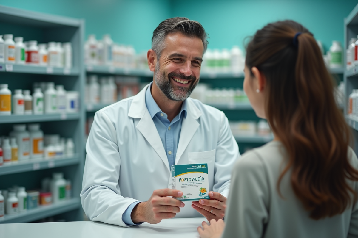 Pharmacien souriant tenant un complément naturel au comptoir