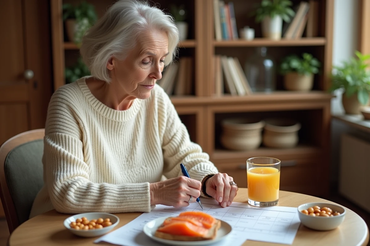 Femme planifiant son alimentation en vitamine D avec un repas équilibré à la maison