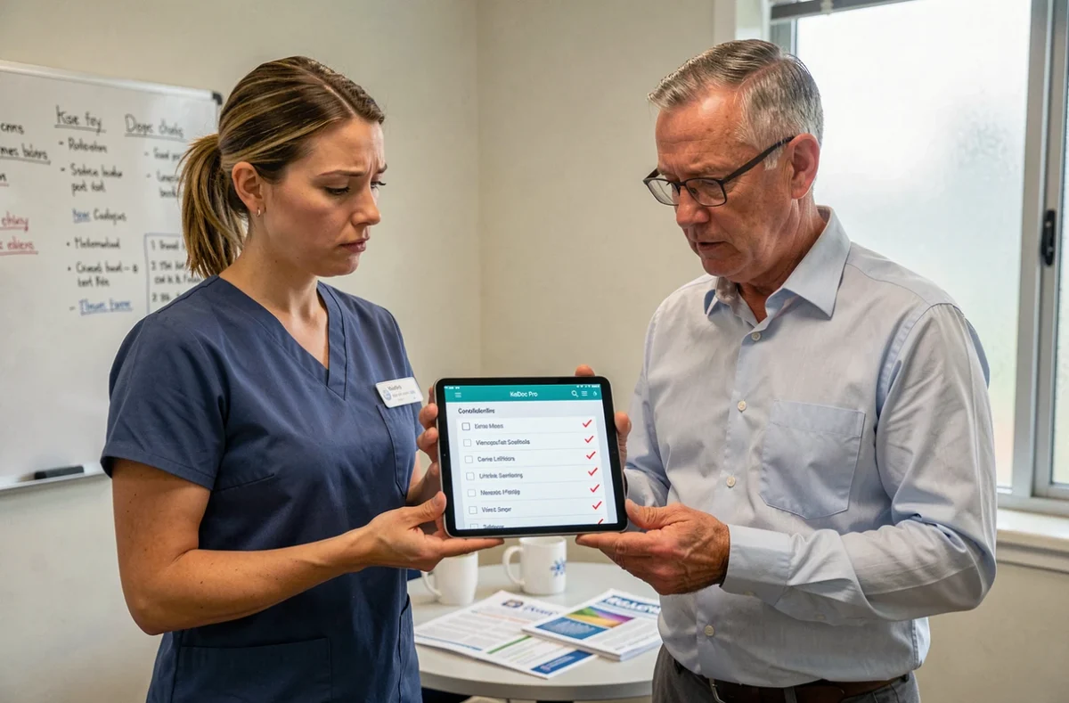 Deux professionnels de santé consultant une checklist d'erreurs de configuration KelDoc Pro sur tablette en salle de réunion