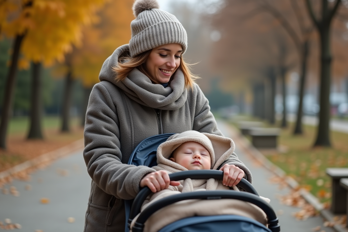 Maman marche avec son bébé dans un parc en automne