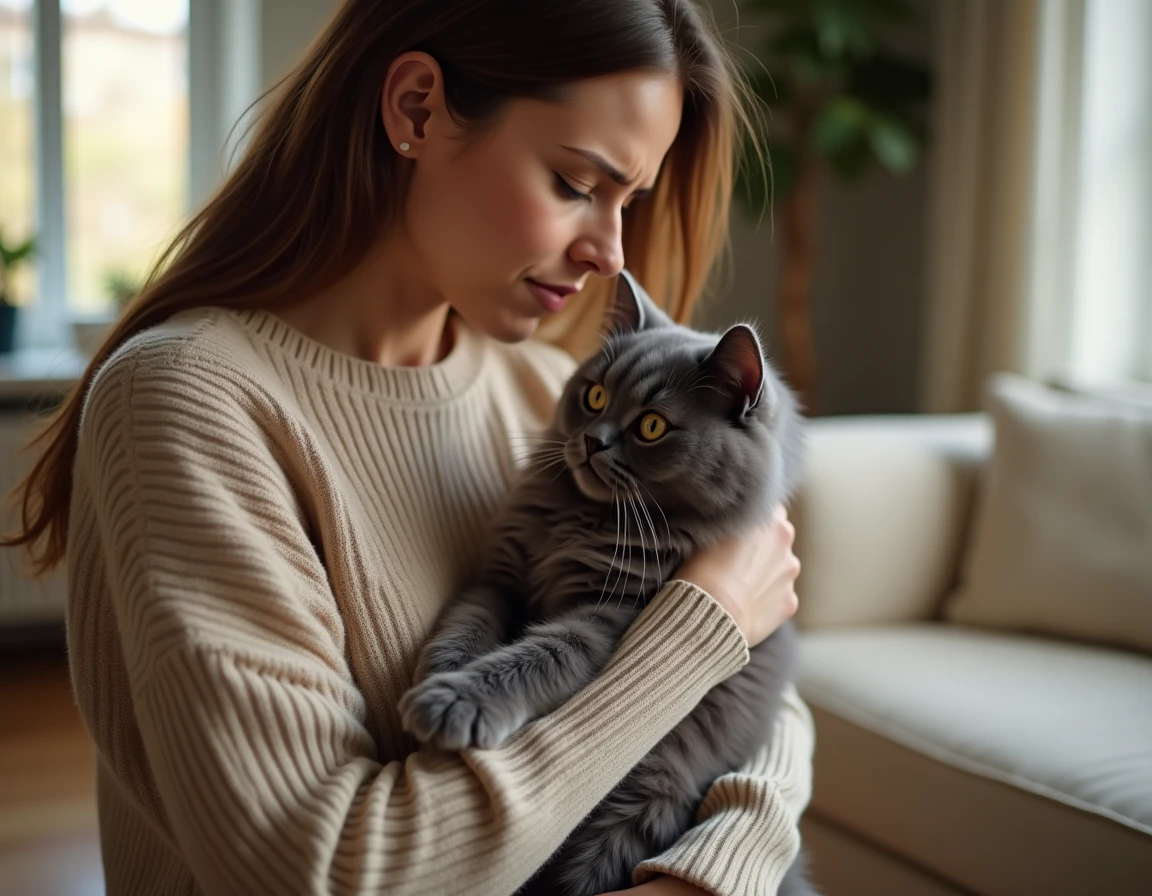 Femme inquiète tenant un chat persan aux yeux dilatés dans un salon domestique