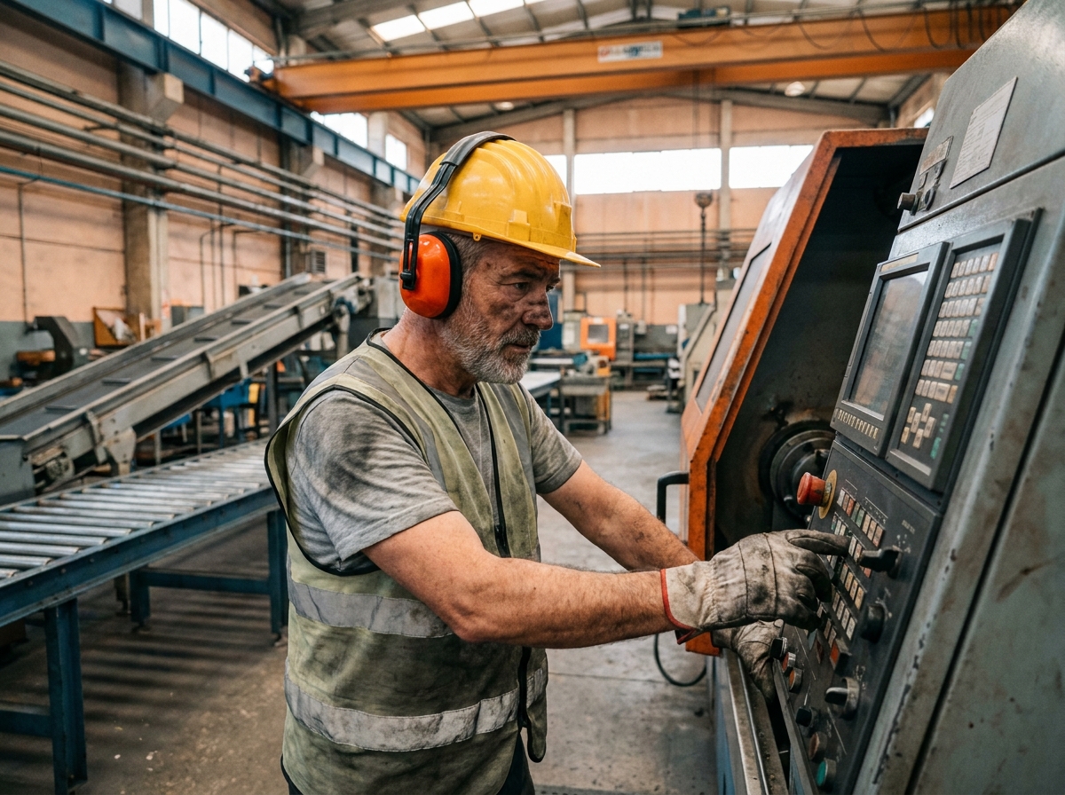 Ouvrier en usine portant des protège-oreilles orange dans un environnement industriel bruyant, protection auditive au travail