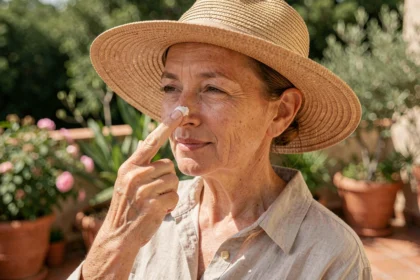 Femme d'âge mûr appliquant de la crème solaire sur le nez pour se protéger du cancer de la peau