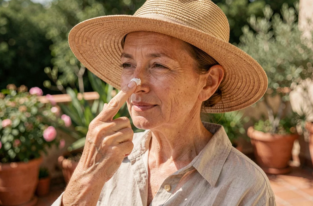 Femme d'âge mûr appliquant de la crème solaire sur le nez pour se protéger du cancer de la peau
