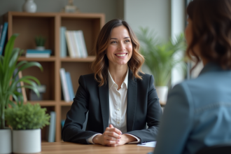 Psychologue femme souriante dans son bureau accueillant