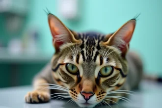 Gros plan sur l'œil d'un chat malade présentant une pupille dilatée lors d'un examen vétérinaire