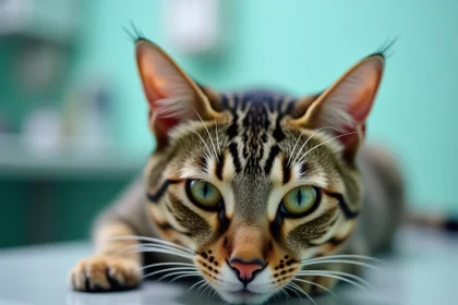 Gros plan sur l'œil d'un chat malade présentant une pupille dilatée lors d'un examen vétérinaire