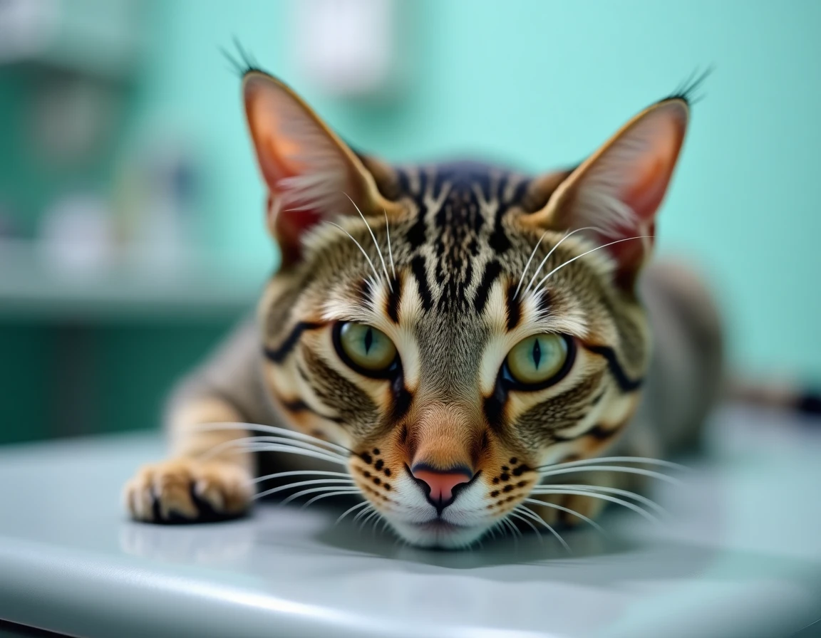 Gros plan sur l'œil d'un chat malade présentant une pupille dilatée lors d'un examen vétérinaire