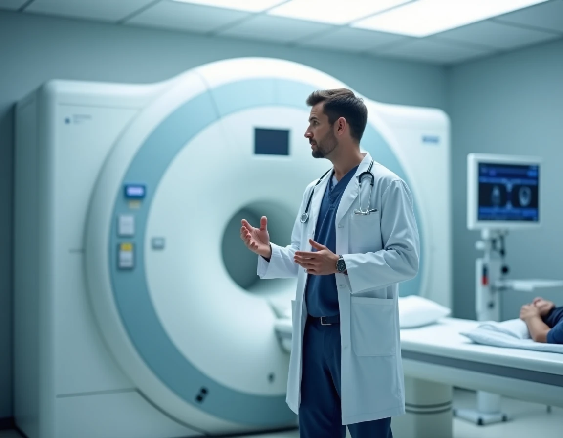 Radiologue en blouse blanche debout devant un scanner IRM expliquant les résultats à un patient dans une salle d'imagerie médicale
