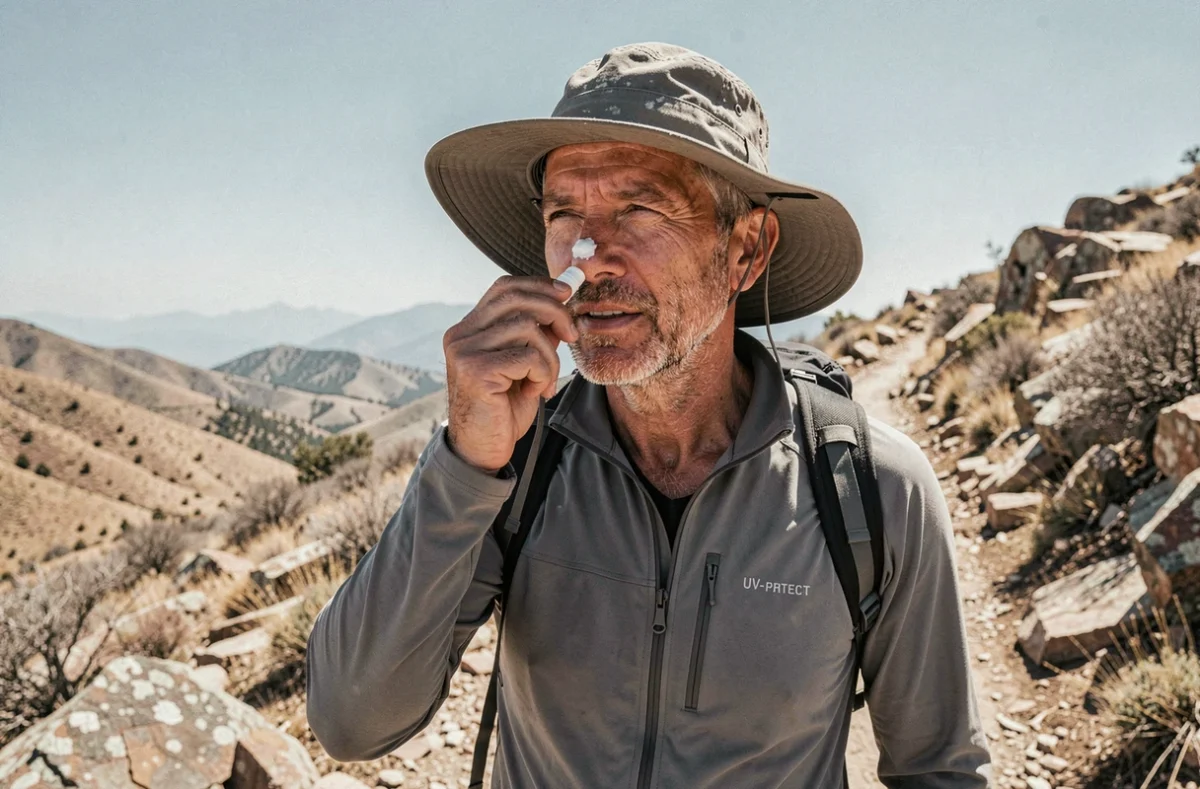 Homme en randonnée appliquant un stick solaire sur le nez pour prévenir le cancer cutané en montagne