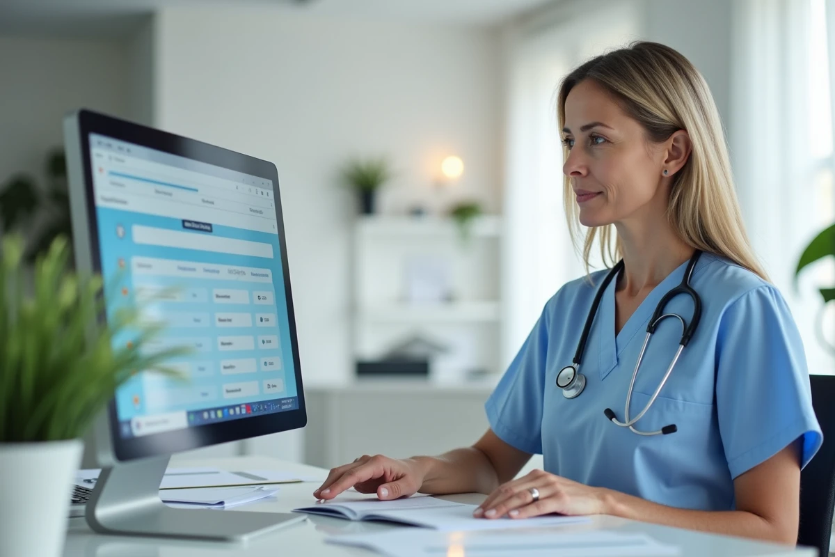 Réceptionniste médicale consultant un logiciel de télétransmission Korelio dans un cabinet de soins moderne