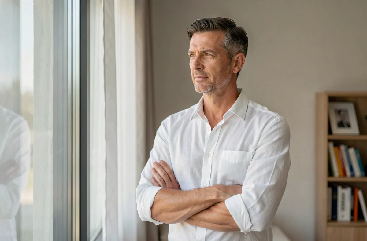 Homme debout près d'une fenêtre dans un appartement minimaliste, regard tourné vers l'extérieur, symbolisant la reconstruction personnelle après une relation toxique