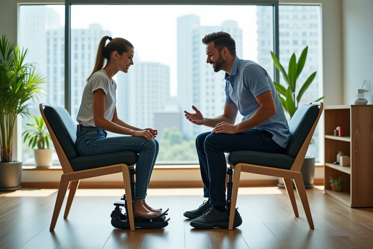 Jeune femme ajustant un exosquelette de reeducation