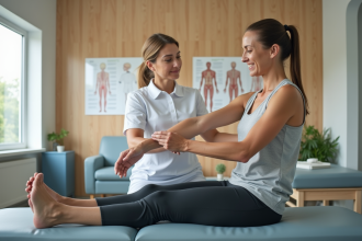Femme en rééducation avec physiotherapeute en clinique