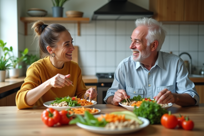 Couple partageant un repas sain dans une cuisine lumineuse